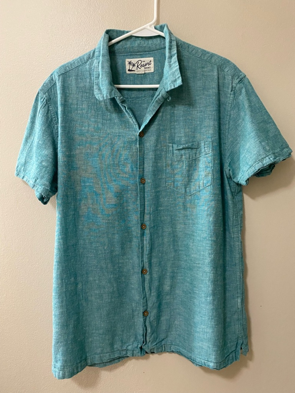 The Resort Shirt mens button up shirt size large flax blend short sleeve teal